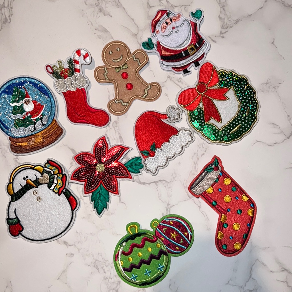 Nib 10pc Christmas Embroidered Patch Pins Santa Stocking Ornament Snowman Wreath